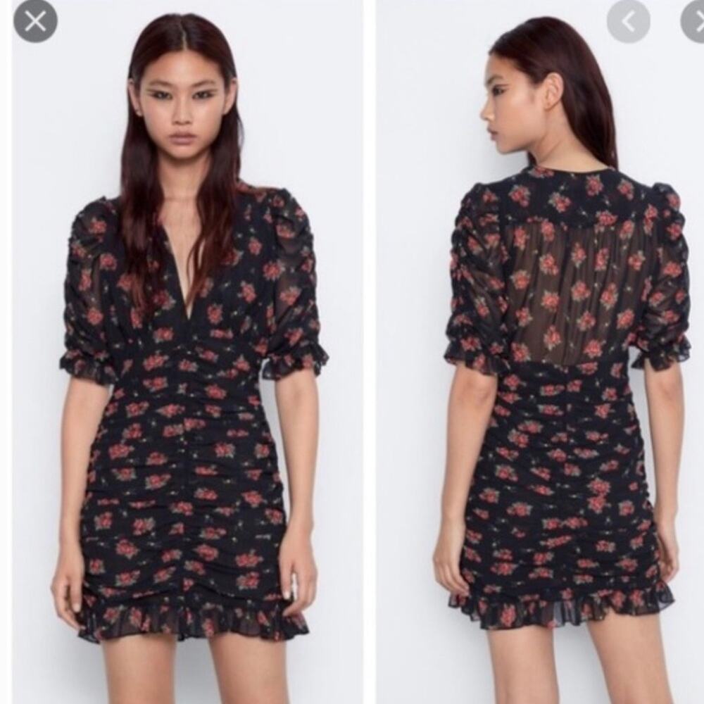 Zara whimsigoth black & red rose Print puff sleeve sheer ruffle trim mini dress
